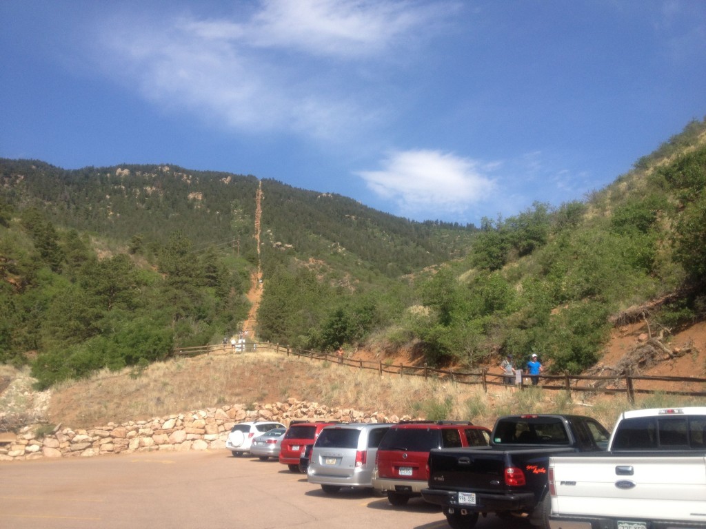 See that brown vertical gouge in the mountainside? That's the remnants of an incline railroad that is now a popular fitness spot.