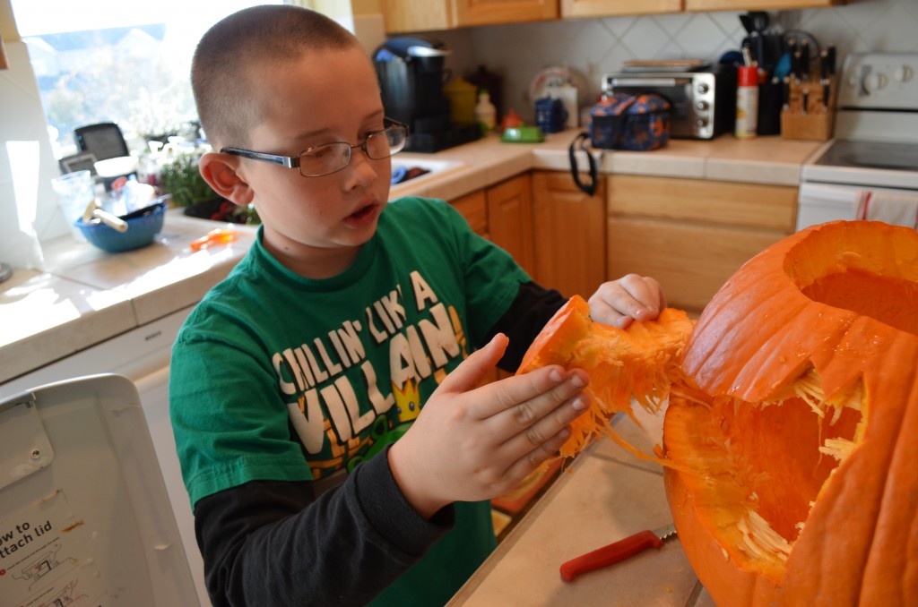 He did everything except for the gutting of the pumpkin. He looked so squeamish I felt sorry for him and took over.