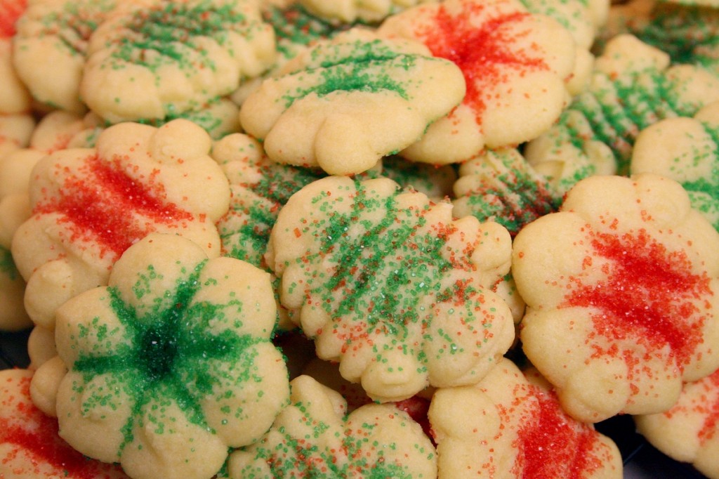 Spritz cookies are fun and easy. A little color sugar will make them holiday-esque.
