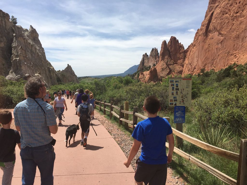 A normal warm-weather day in the "Central Gardens" part of Garden of the Gods. It's quite crowded.