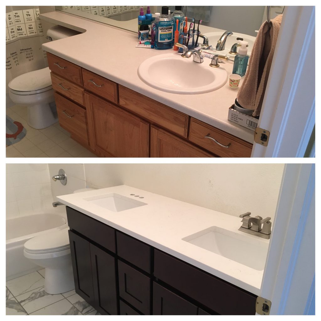 The before-and-after of the counter and cabinets. 