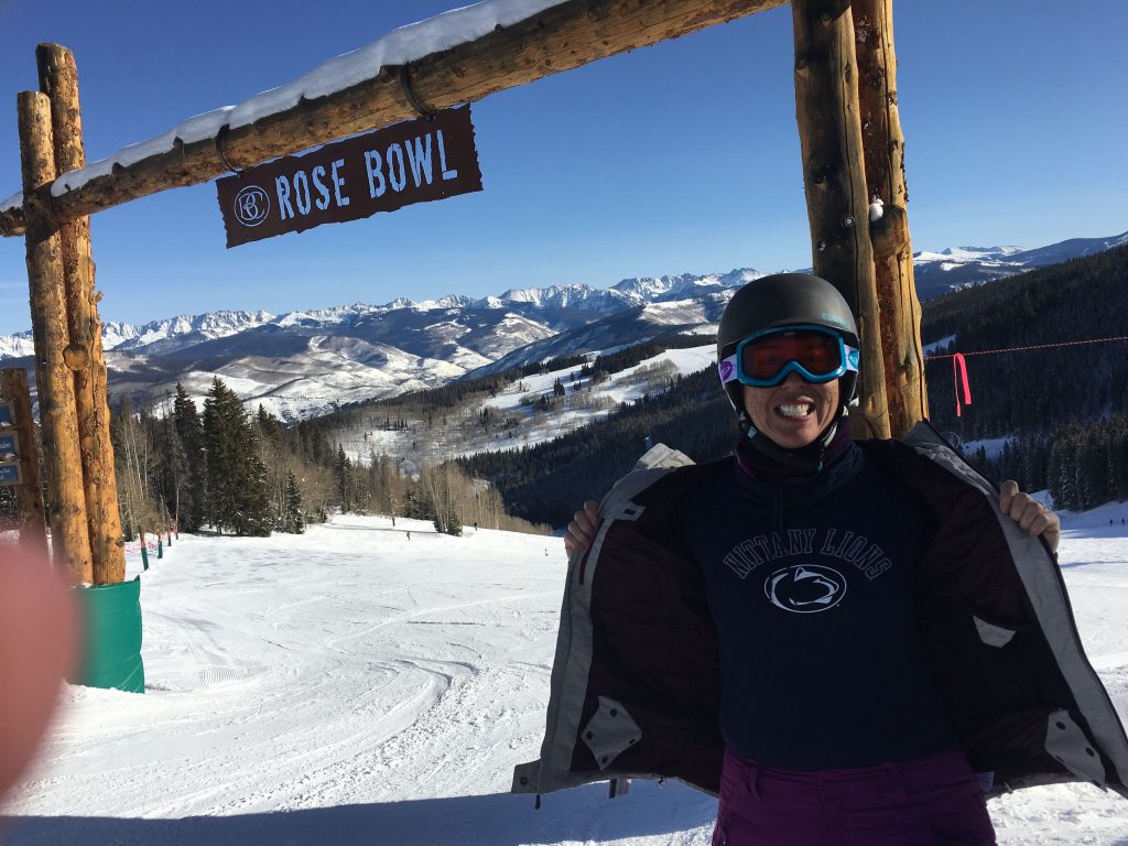 We fell in love with an area at Beavercreek called the "Rose Bowl". The intermediate trails were well-groomed and not too crowded. I liked the name and made sure to have my picture taken with my Penn State shirt!